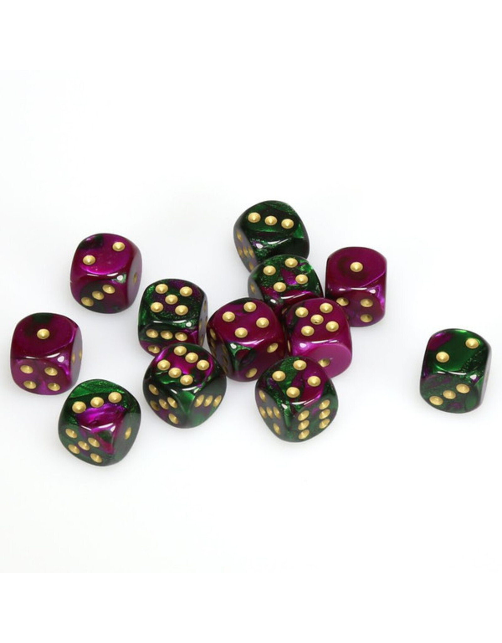 Chessex d6 Cube 16mm Gemini Green and Purple with Gold (12)