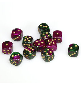 Chessex d6 Cube 16mm Gemini Green and Purple with Gold (12)