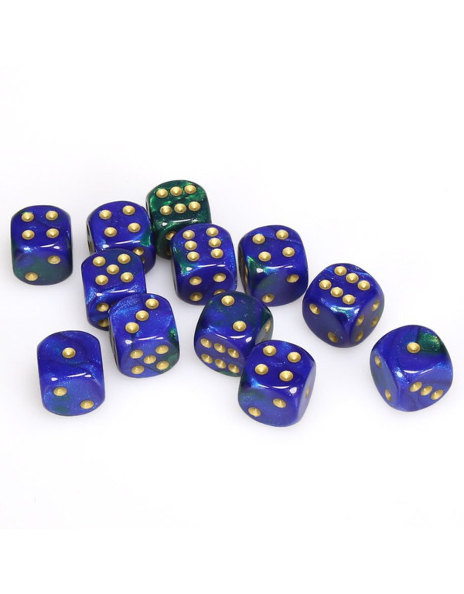 Chessex d6 Cube 16mm Gemini Blue and Green with Gold (12)