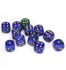 Chessex d6 Cube 16mm Gemini Blue and Green with Gold (12)