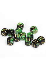 Chessex d6 Cube 16mm Gemini Black and Green with Gold (12)