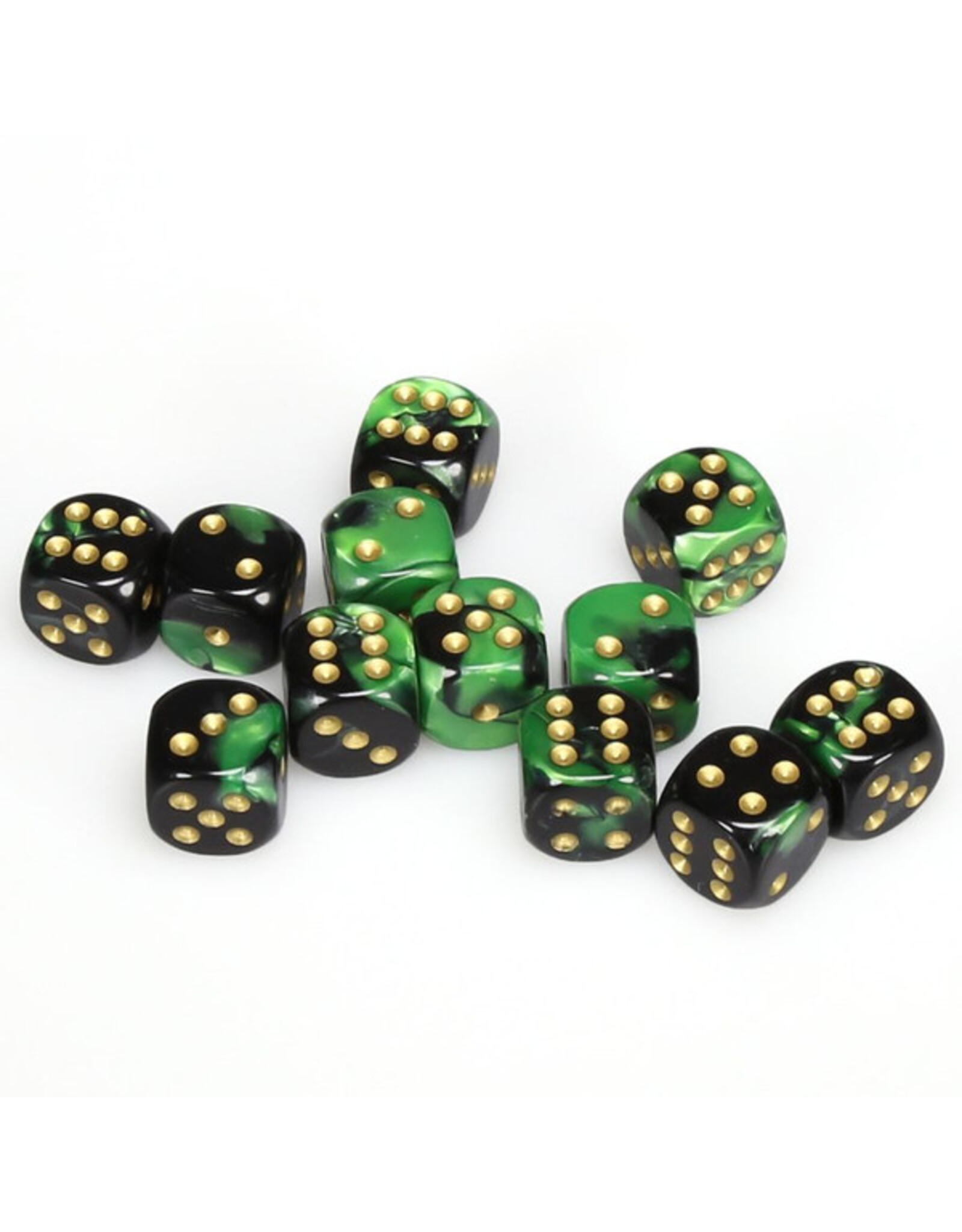 Chessex d6 Cube 16mm Gemini Black and Green with Gold (12)