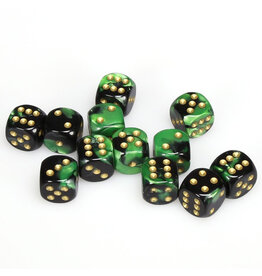Chessex d6 Cube 16mm Gemini Black and Green with Gold (12)