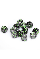 Chessex d6 Cube 16mm Gemini Black and Grey with Green (12)