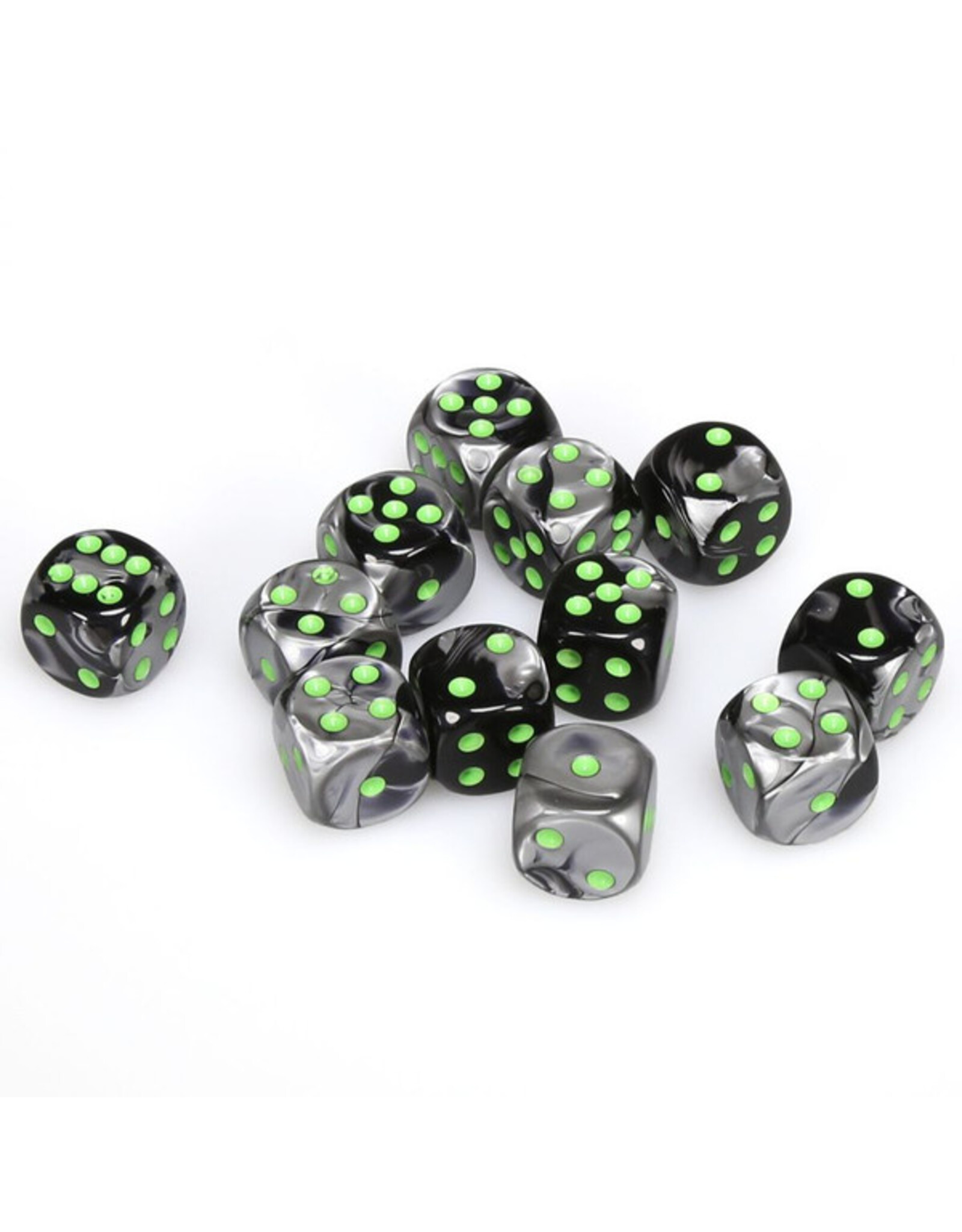 Chessex d6 Cube 16mm Gemini Black and Grey with Green (12)