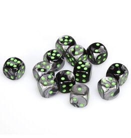 Chessex d6 Cube 16mm Gemini Black and Grey with Green (12)
