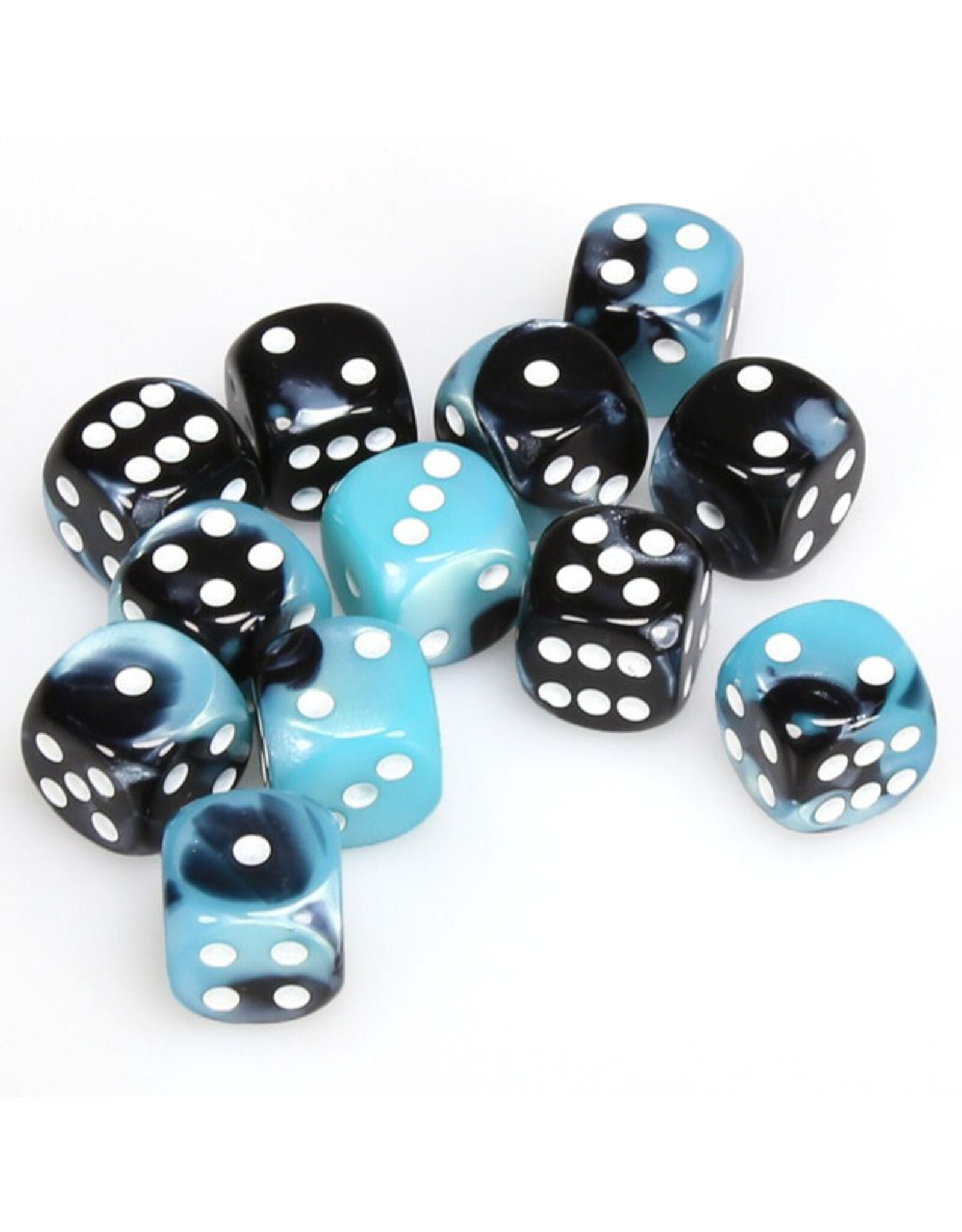 Chessex d6 Cube 16mm Gemini Black and Shell with White (12)