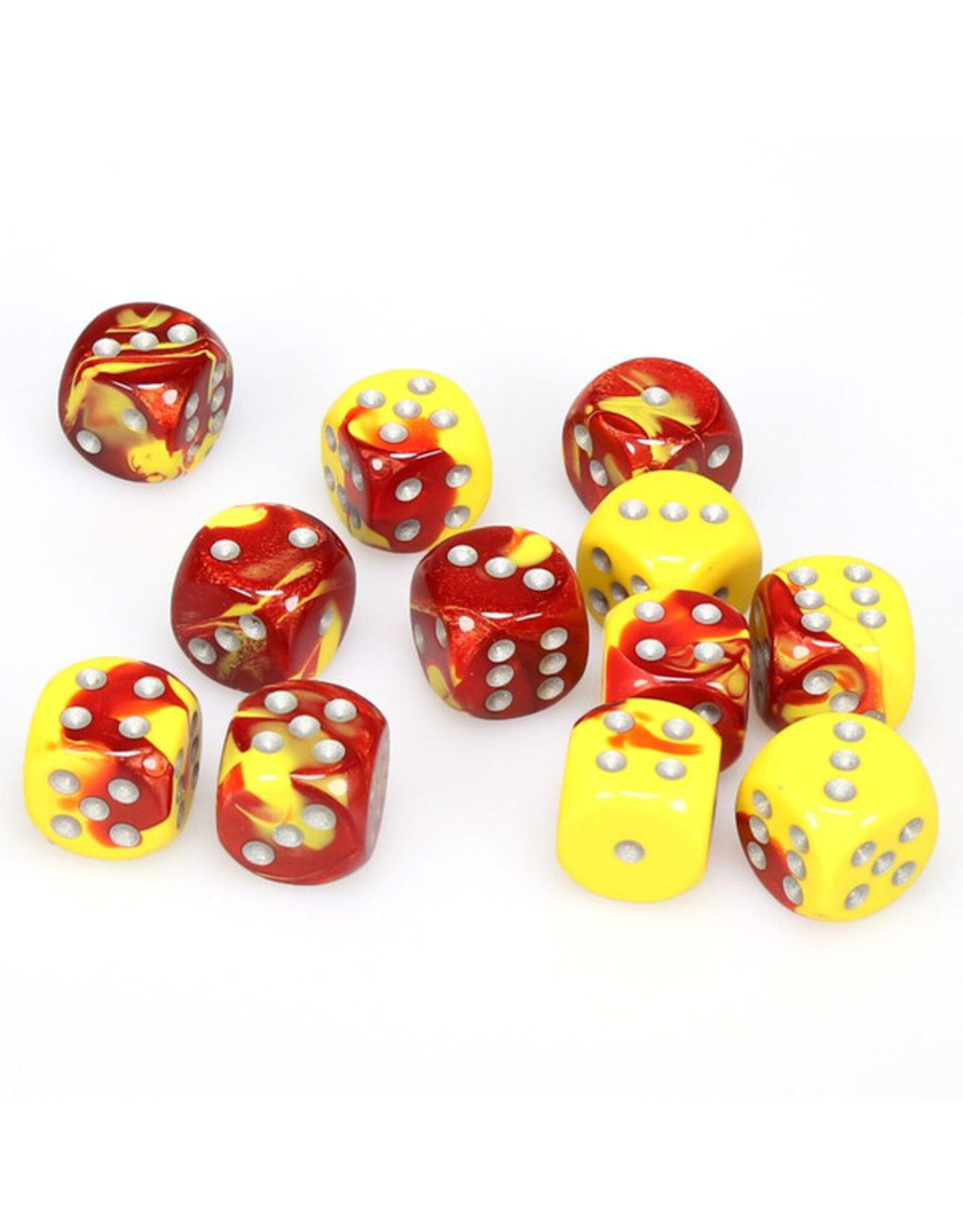 Chessex d6 Cube 16mm Gemini Red and Yellow with Silver