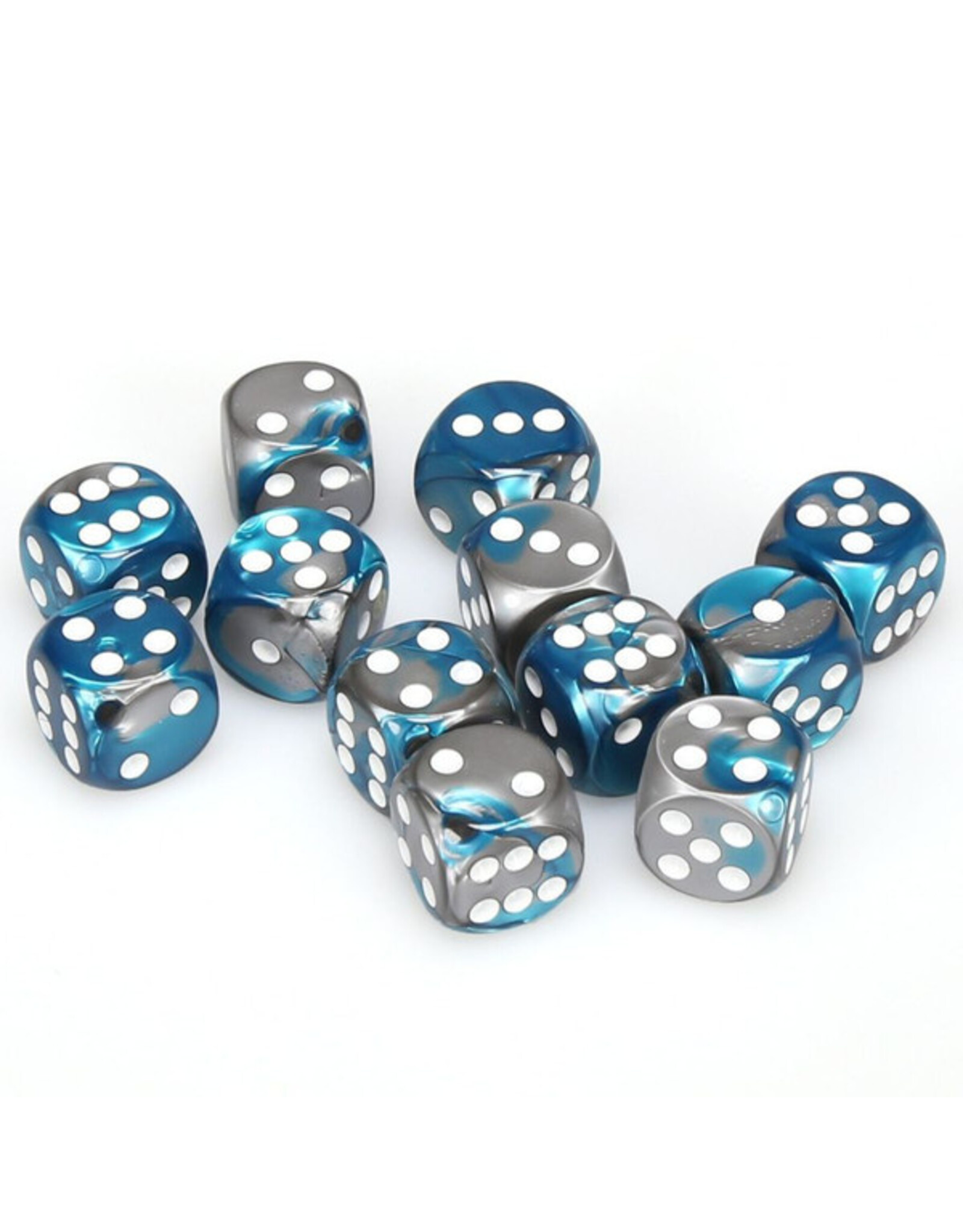 Chessex d6 Cube 16mm Gemini Steel and Teal with White (12)