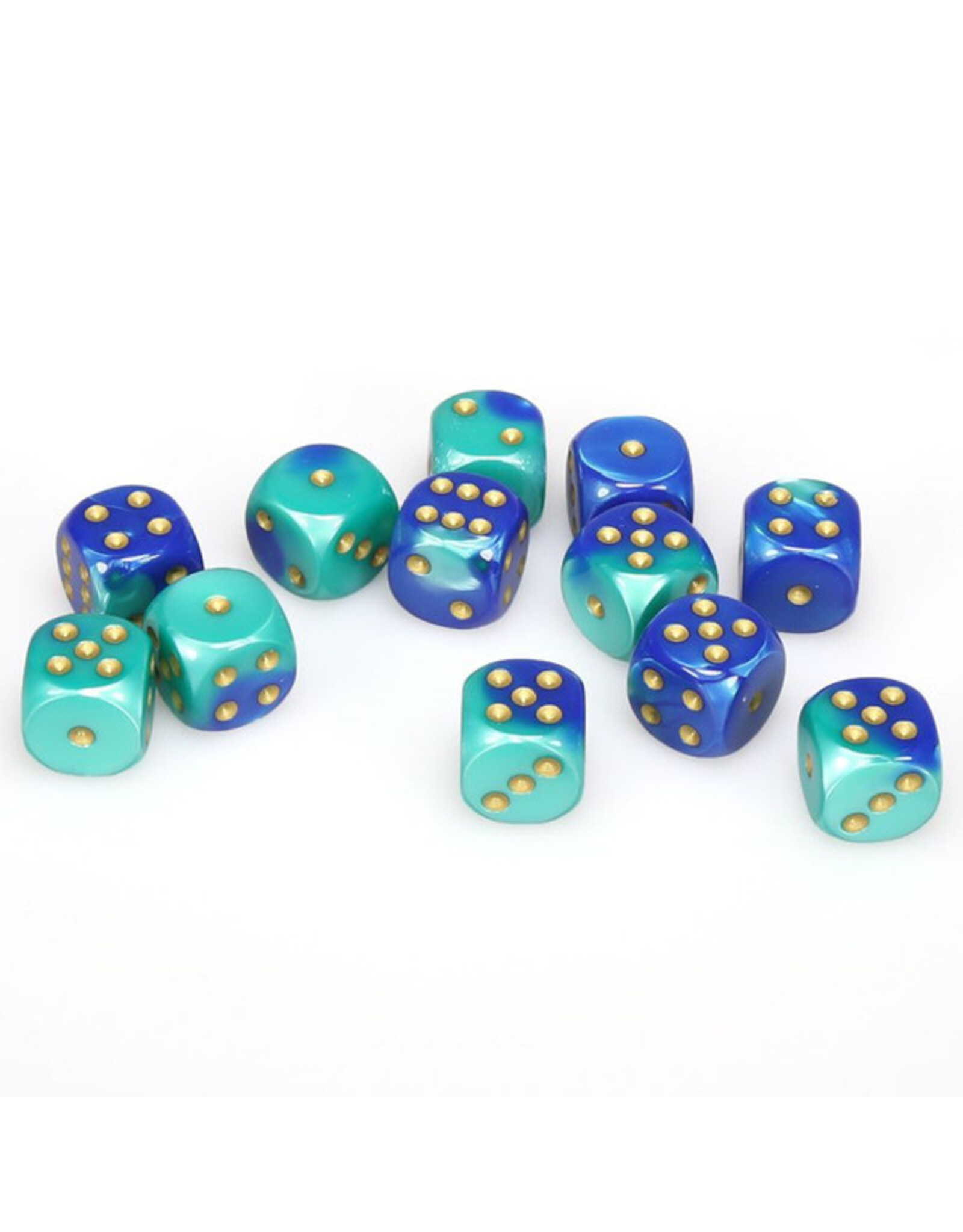 Chessex d6 Cube 16mm Gemini Blue and Teal with Gold (12)