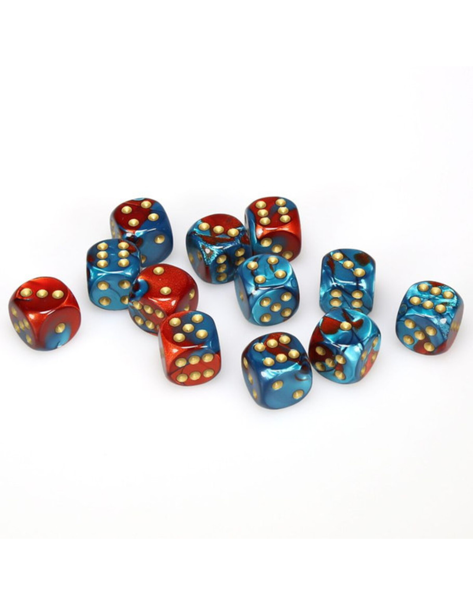 Chessex d6 Cube 16mm Gemini Red and Teal with Gold (12)