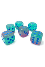 Chessex d6 Cube 16mm Gemini Luminary Gel Green-Pink with Blue (12)