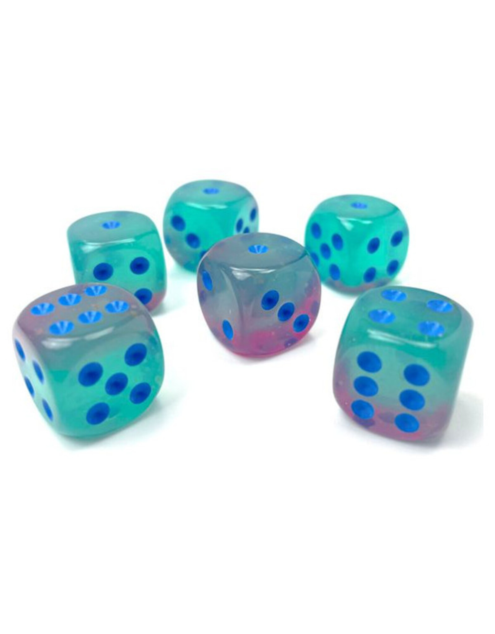 Chessex d6 Cube 16mm Gemini Luminary Gel Green-Pink with Blue (12)