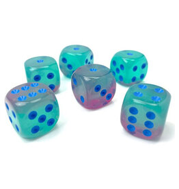 Chessex d6 Cube 16mm Gemini Luminary Gel Green-Pink with Blue (12)