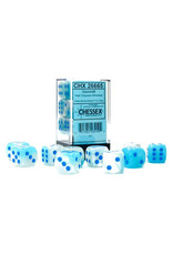 Chessex d6 Cube 16mm Gemini Luminary pearl Turquoise-White with Blue (12)
