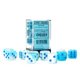 Chessex d6 Cube 16mm Gemini Luminary pearl Turquoise-White with Blue (12)