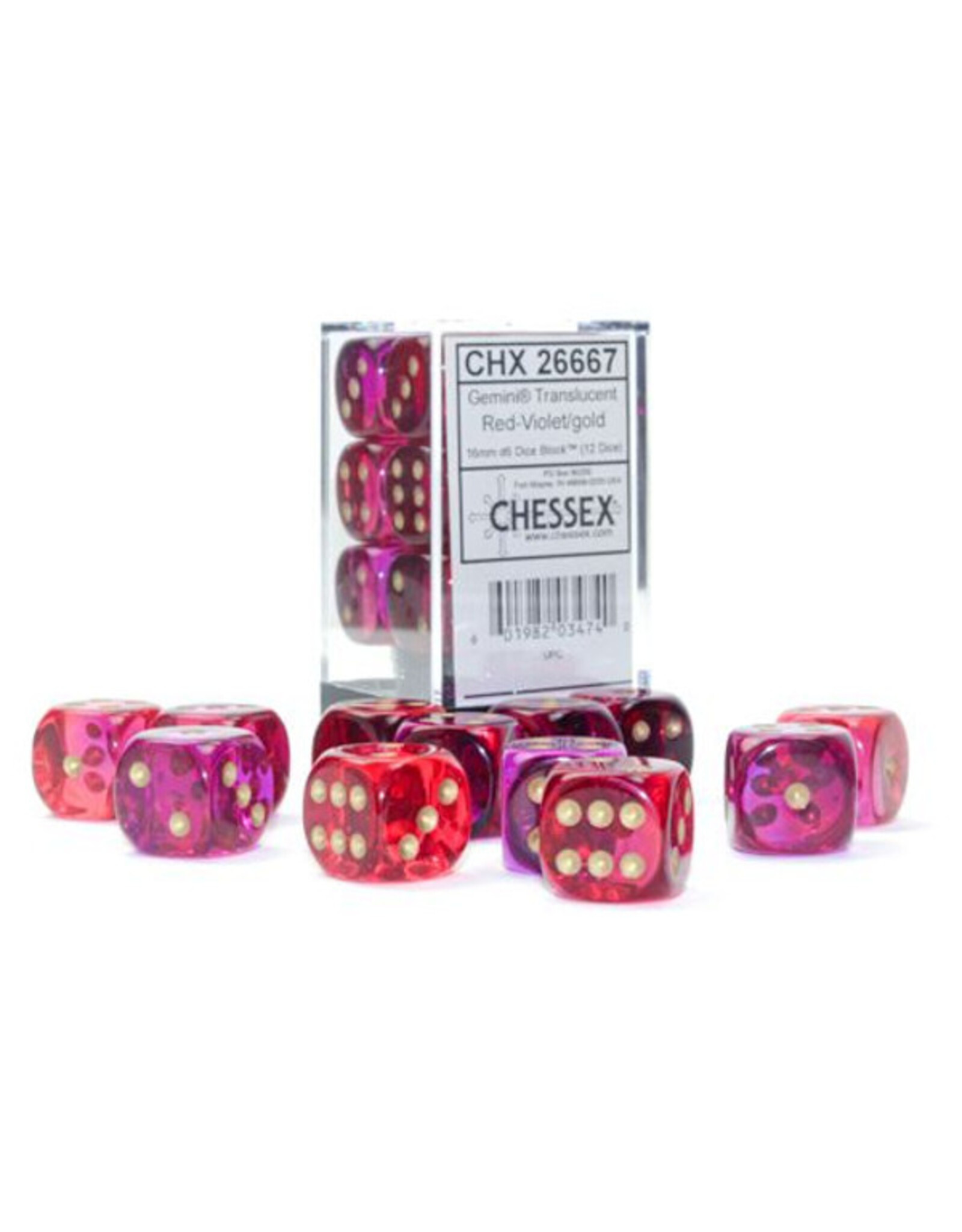 Chessex d6 Cube 16mm Gemini Translucent Red-Violet with Gold (12)