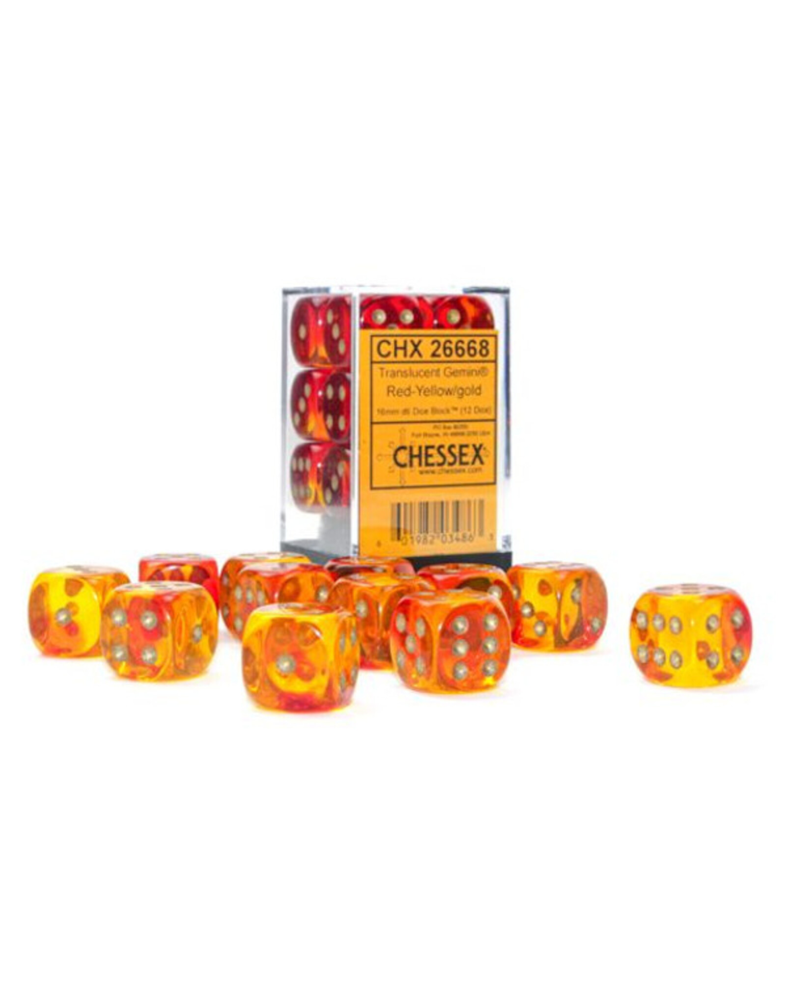 Chessex d6 Cube 16mm Gemini Translucent Red-Yellow with Gold (12)