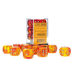 Chessex d6 Cube 16mm Gemini Translucent Red-Yellow with Gold (12)