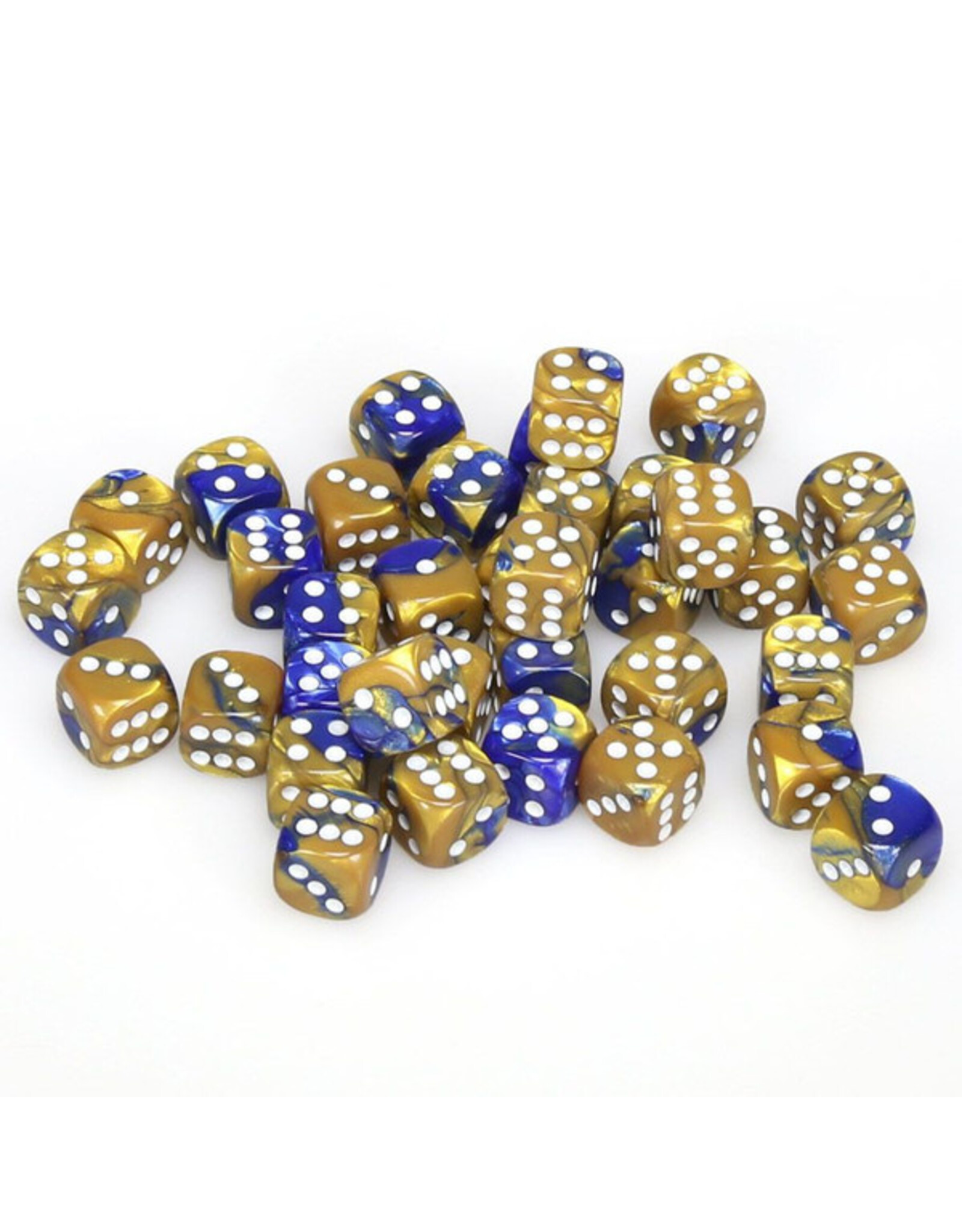 Chessex d6 Cube 12mm Gemini Blue and Gold with White (36)