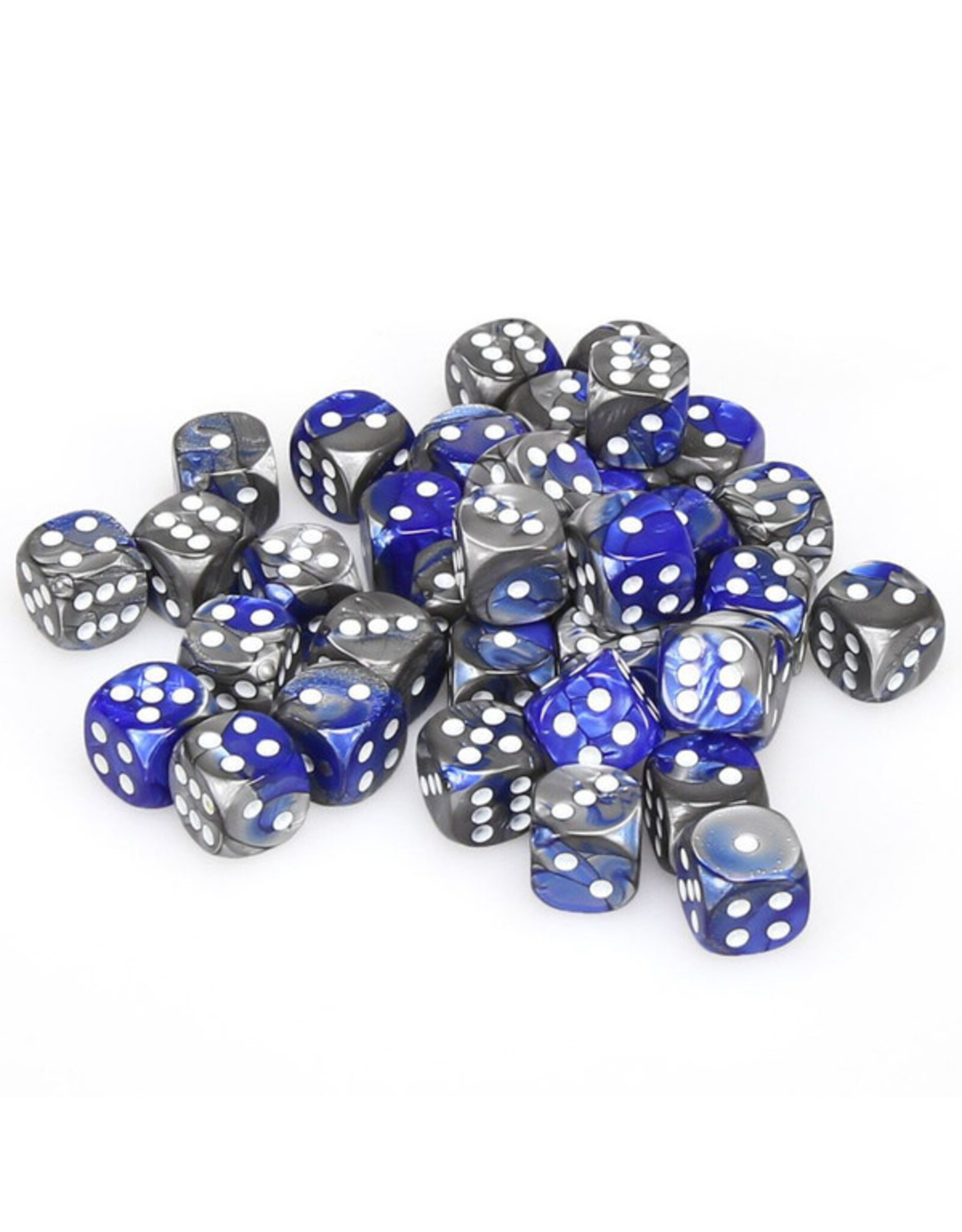 Chessex d6 Cube 12mm Gemini Blue and Steel with White (36)