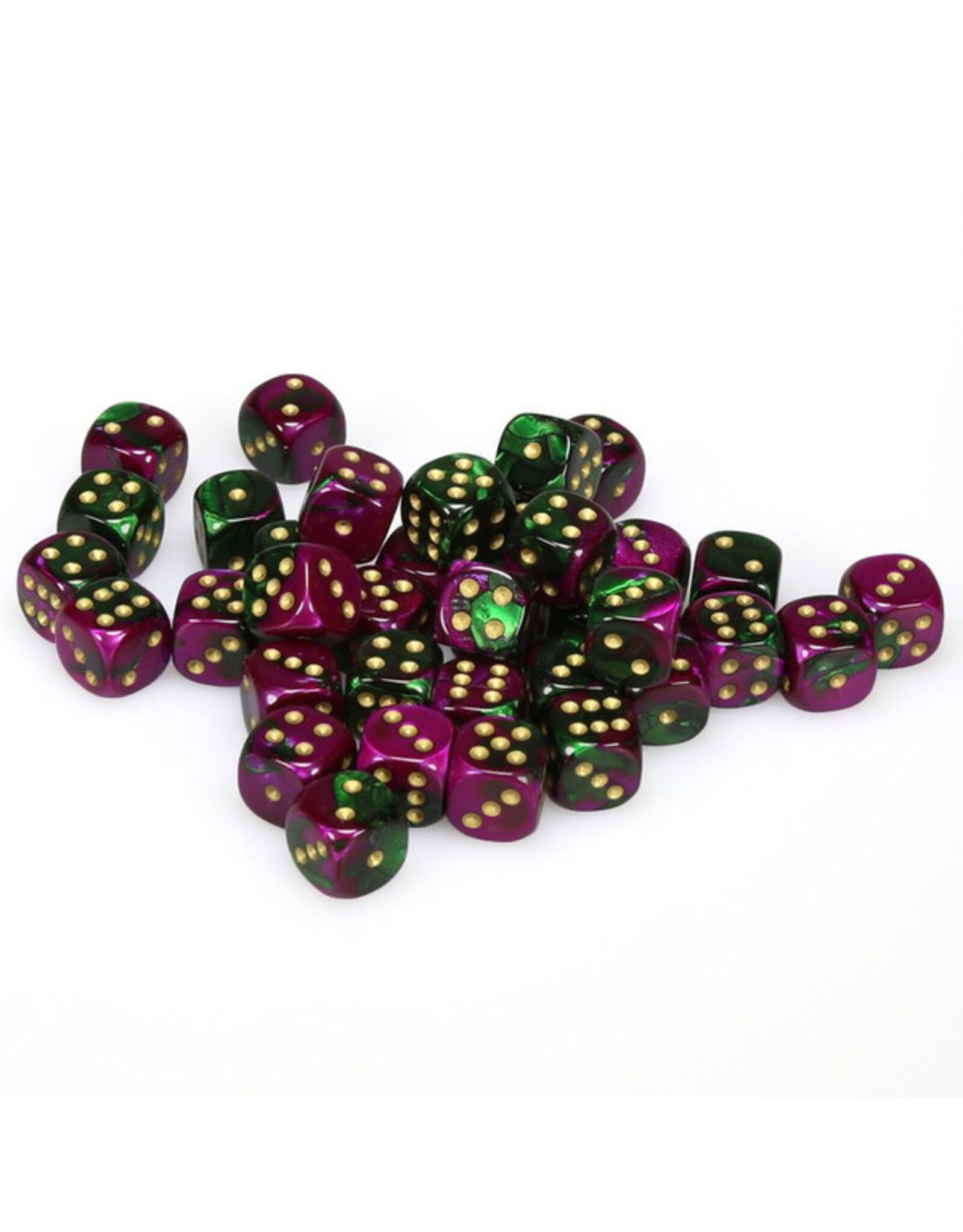 Chessex d6 Cube 12mm Gemini Green and Purple with Gold (36)