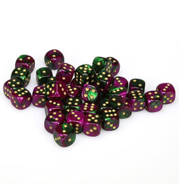 Chessex d6 Cube 12mm Gemini Green and Purple with Gold (36)