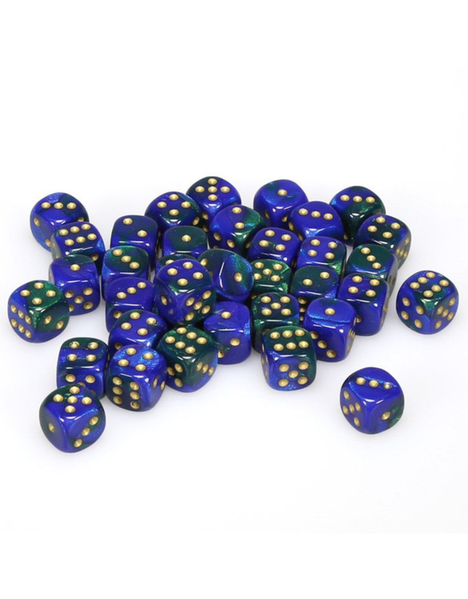 Chessex d6 Cube 12mm Gemini Blue and Green with Gold (36)