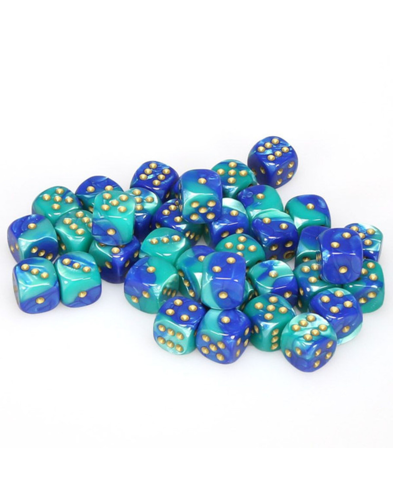 Chessex d6 Cube 12mm Gemini Blue and Teal with Gold (36)