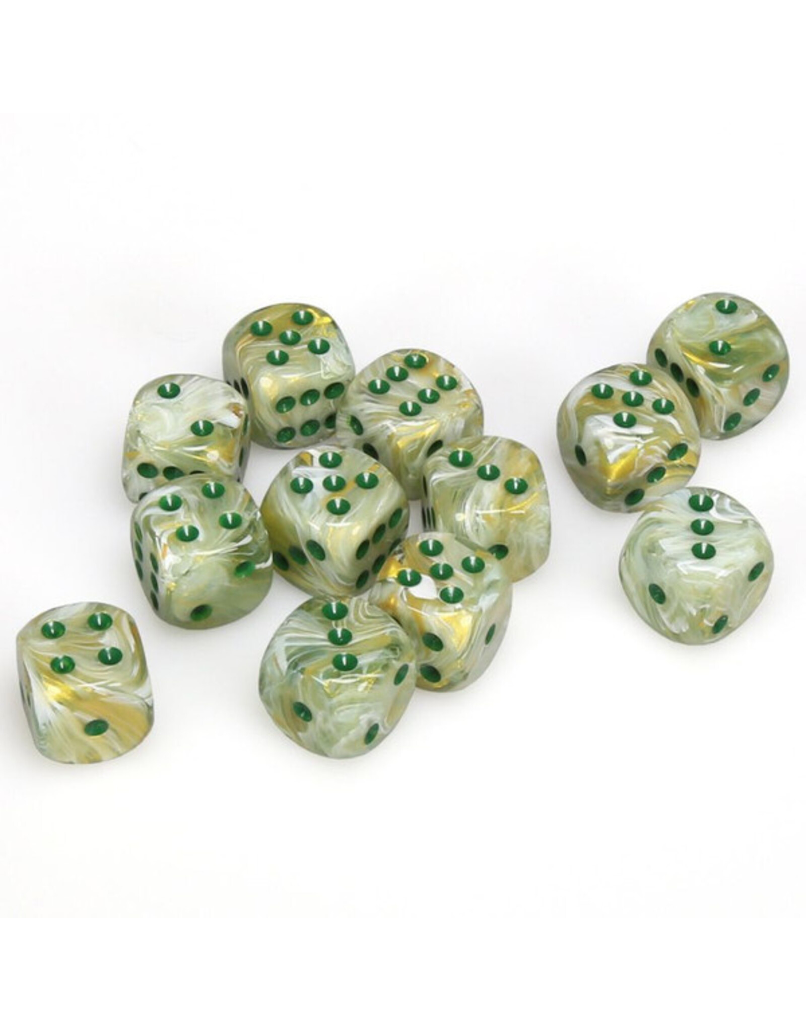 Chessex d6 Cube 16mm Marble Green with Dark Green (12)