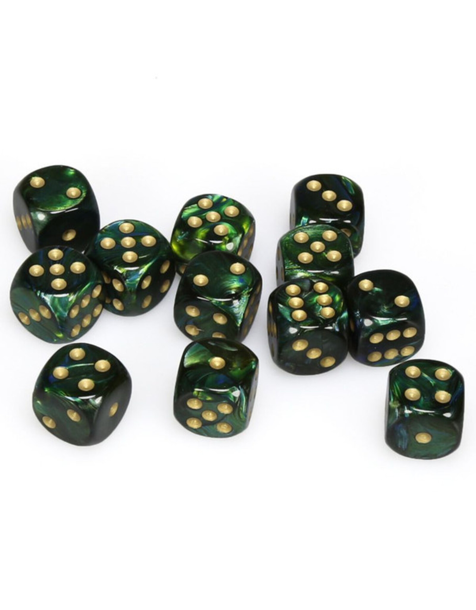 Chessex d6 Cube 16mm Scarab Jade with Gold (12)