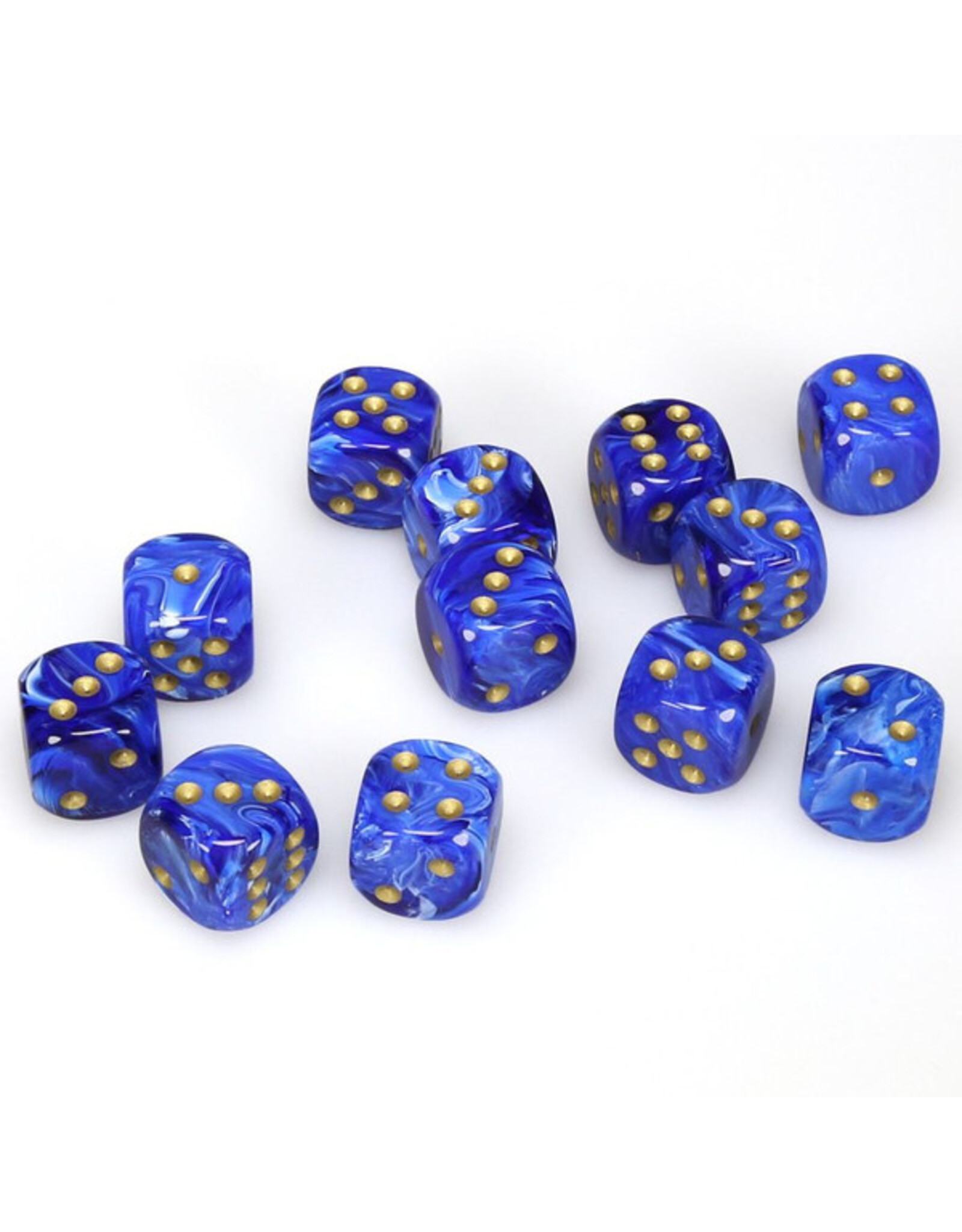 Chessex d6 Cube 16mm Vortex Blue with Gold (12)