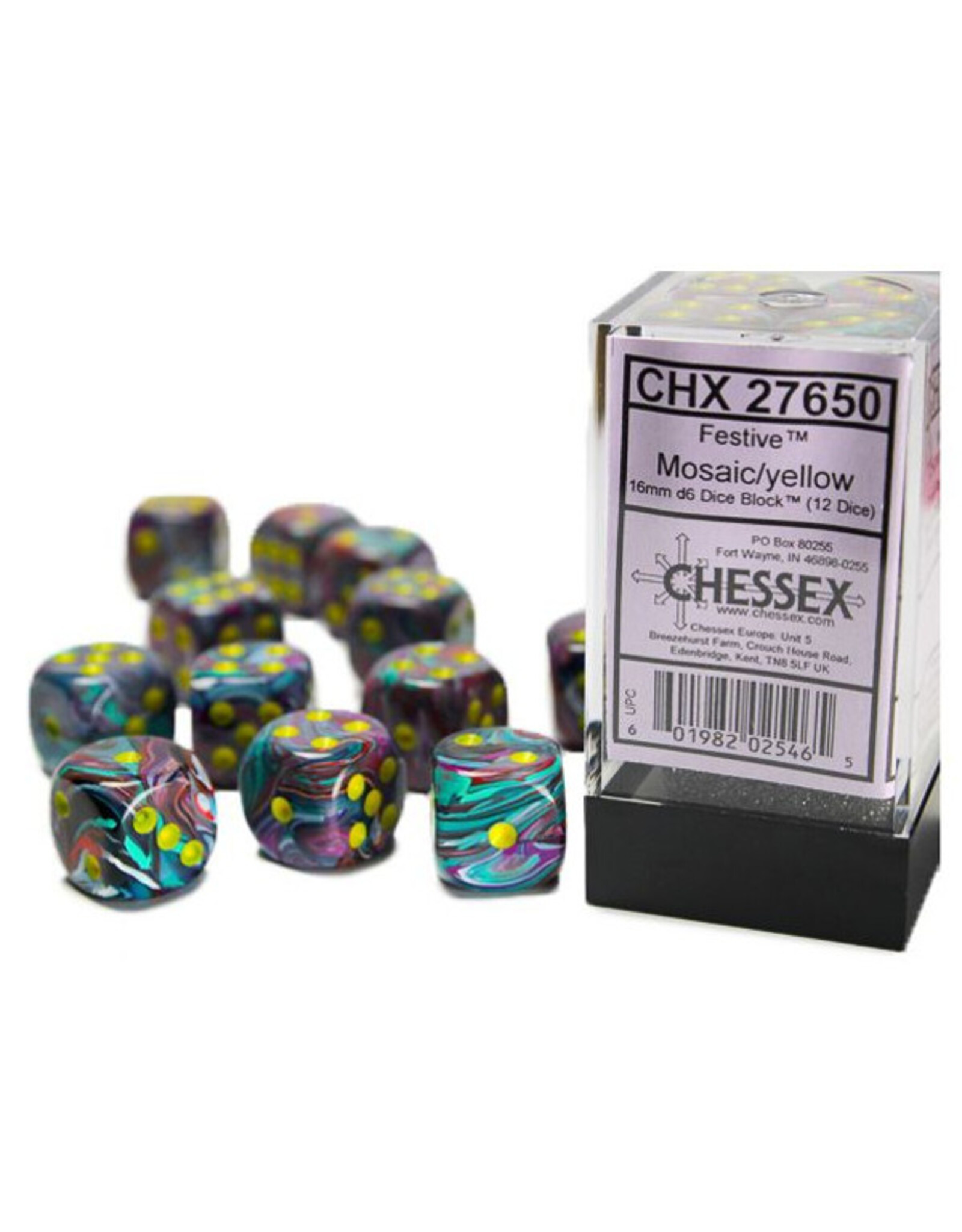 Chessex d6 Cube 16mm Festive Mosaic with Yellow (12)