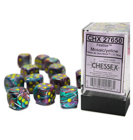 Chessex d6 Cube 16mm Festive Mosaic with Yellow (12)