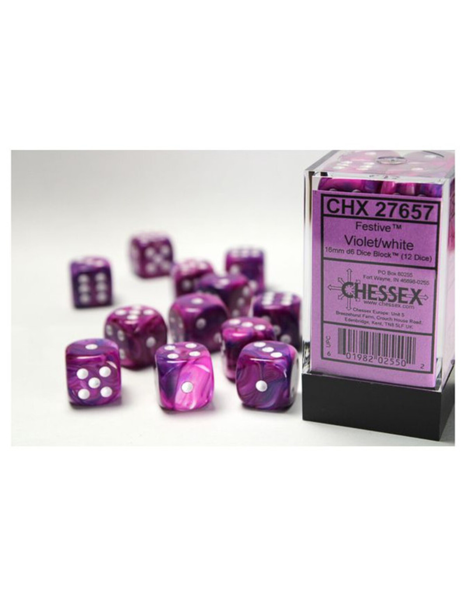 Chessex d6 Cube 16mm Festive Violet with White (12)