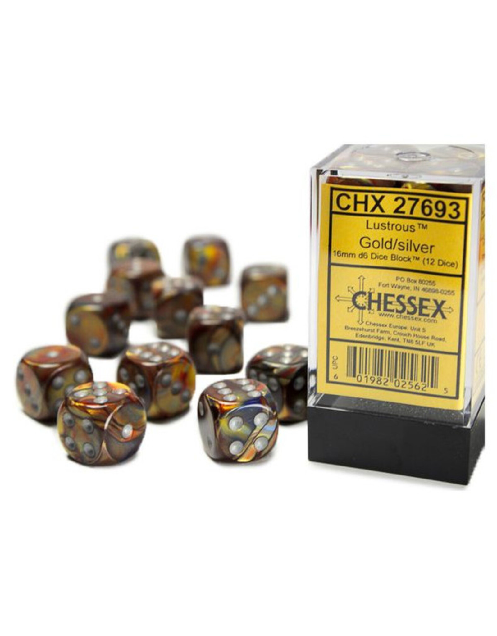 Chessex d6 Cube 16mm Lustrous Gold with Silver (12)