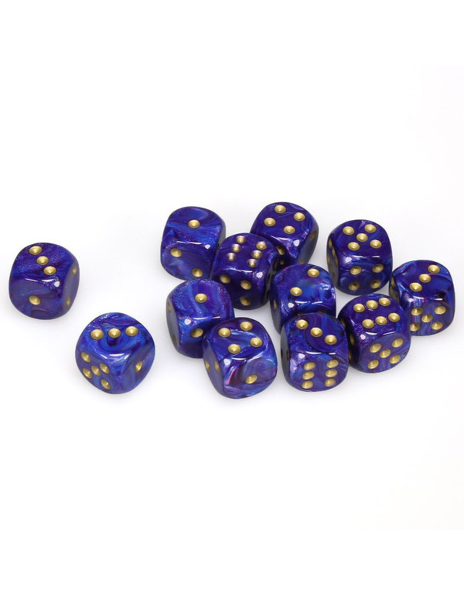 Chessex d6 Cube 16mm Lustrous Purple with Gold (12)