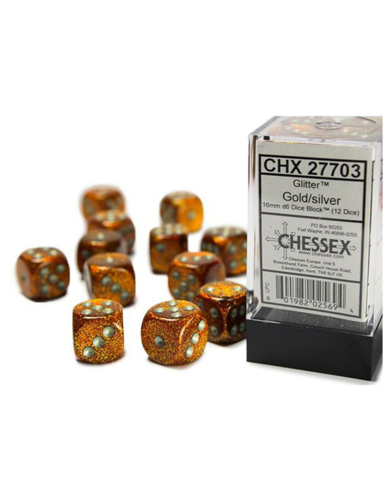 Chessex d6 Cube 16mm Glitter Gold with Silver (12)
