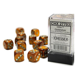 Chessex d6 Cube 16mm Glitter Gold with Silver (12)