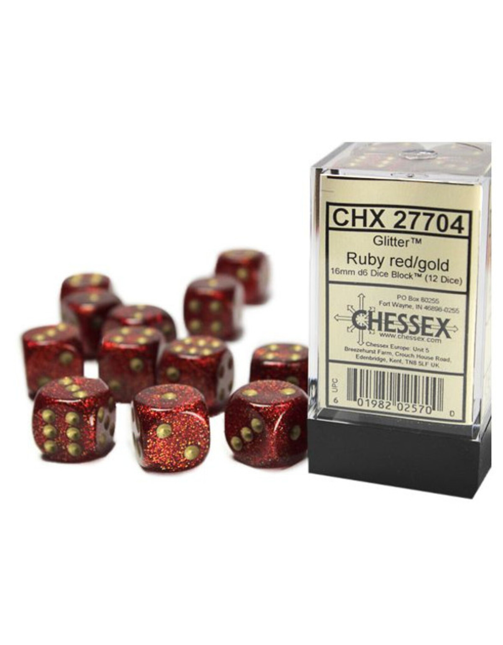 Chessex d6 Cube 16mm Glitter Ruby with Gold (12)