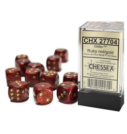 Chessex d6 Cube 16mm Glitter Ruby with Gold (12)