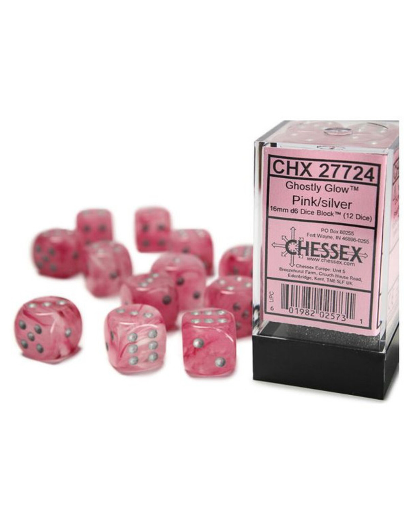 Chessex d6 Cube 16mm Ghostly Glow Pink with Silver (12)