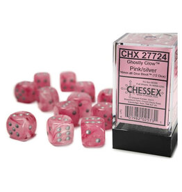 Chessex d6 Cube 16mm Ghostly Glow Pink with Silver (12)