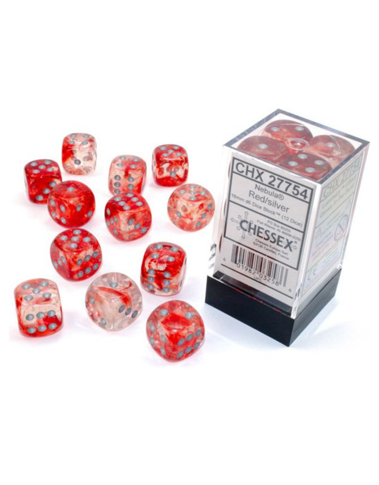 Chessex d6 Cube 16mm Luminary Nebula Red with Silver (12)
