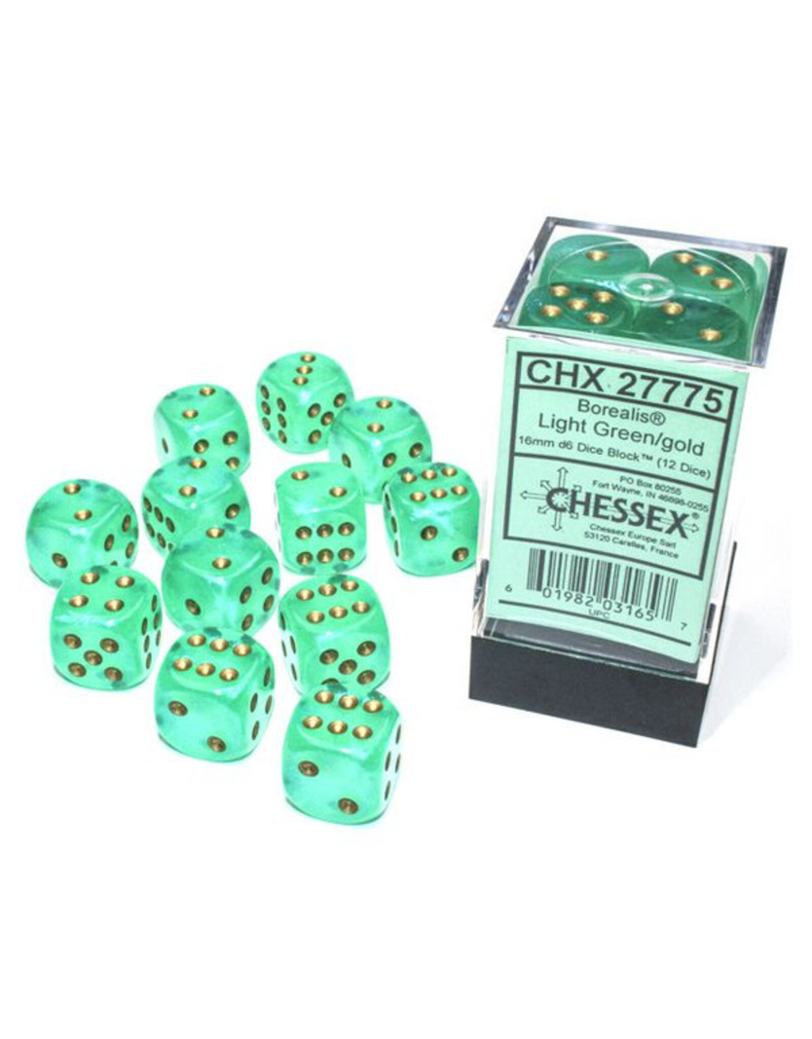 Chessex d6 Cube 16mm Borealis Luminary Light Green with Gold (12)