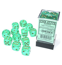 Chessex d6 Cube 16mm Borealis Luminary Light Green with Gold (12)