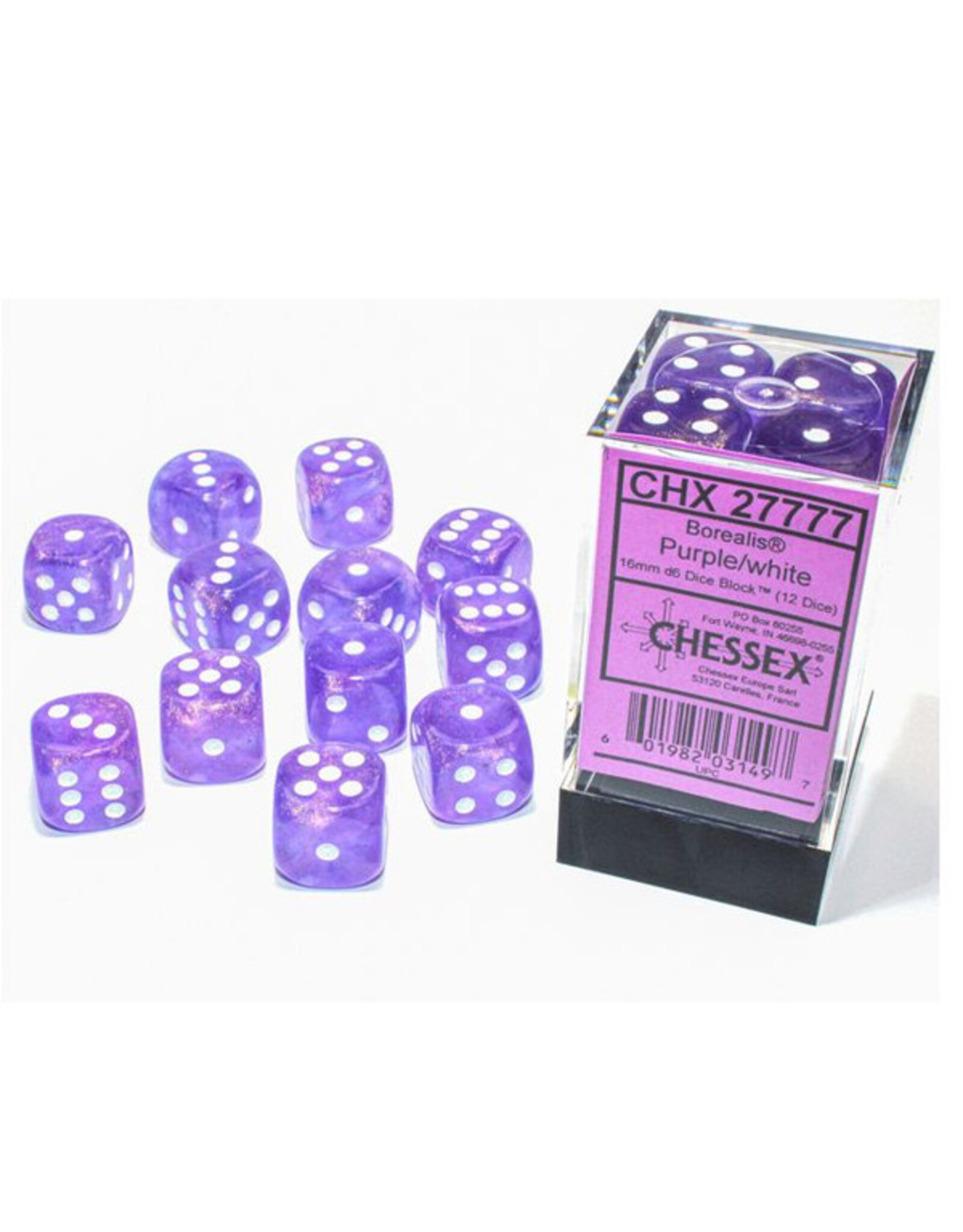 Chessex d6 Cube 16mm Borealis Luminary Purple with White (12)