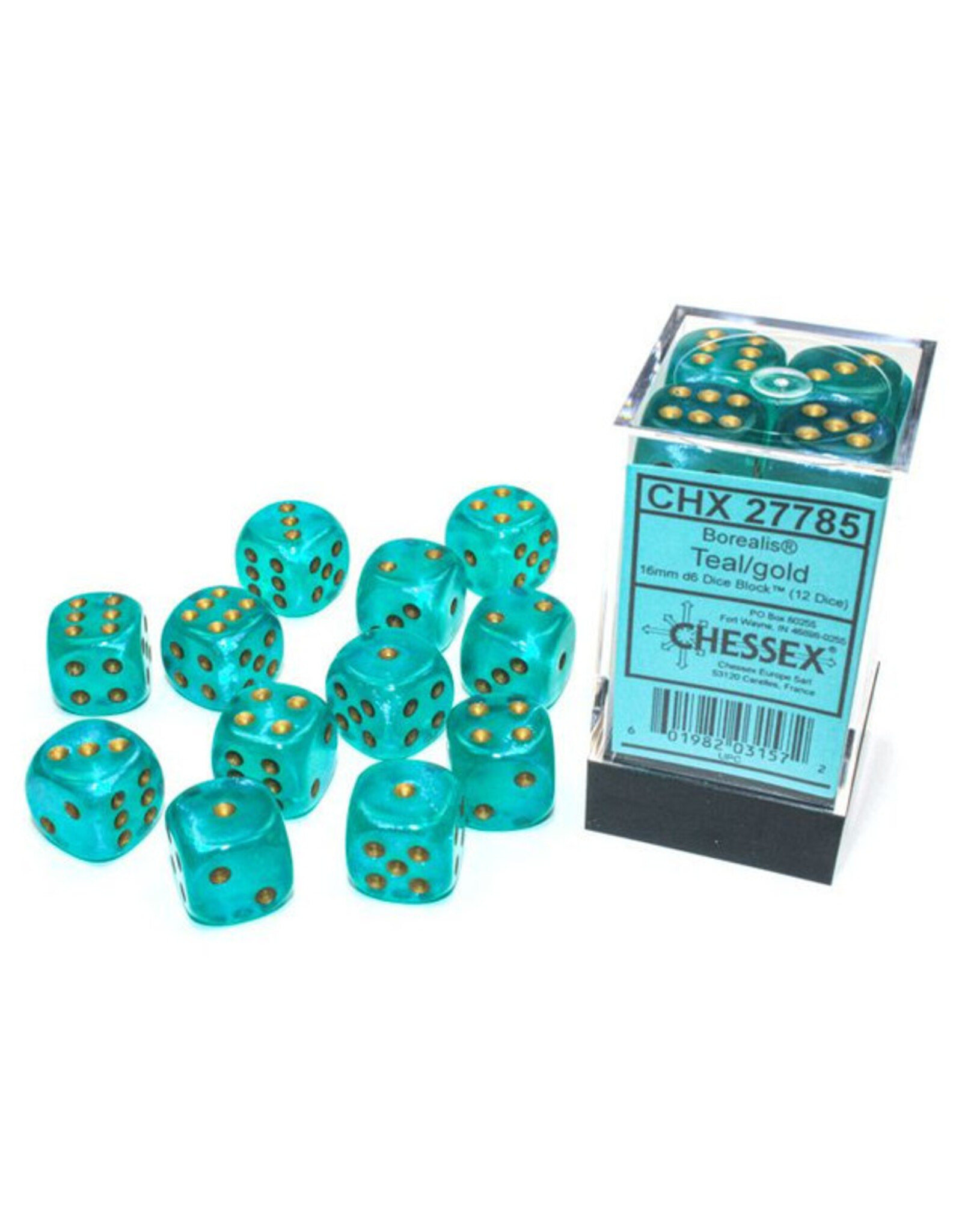 Chessex d6 Cube 16mm Borealis Luminary Teal with Gold (12)