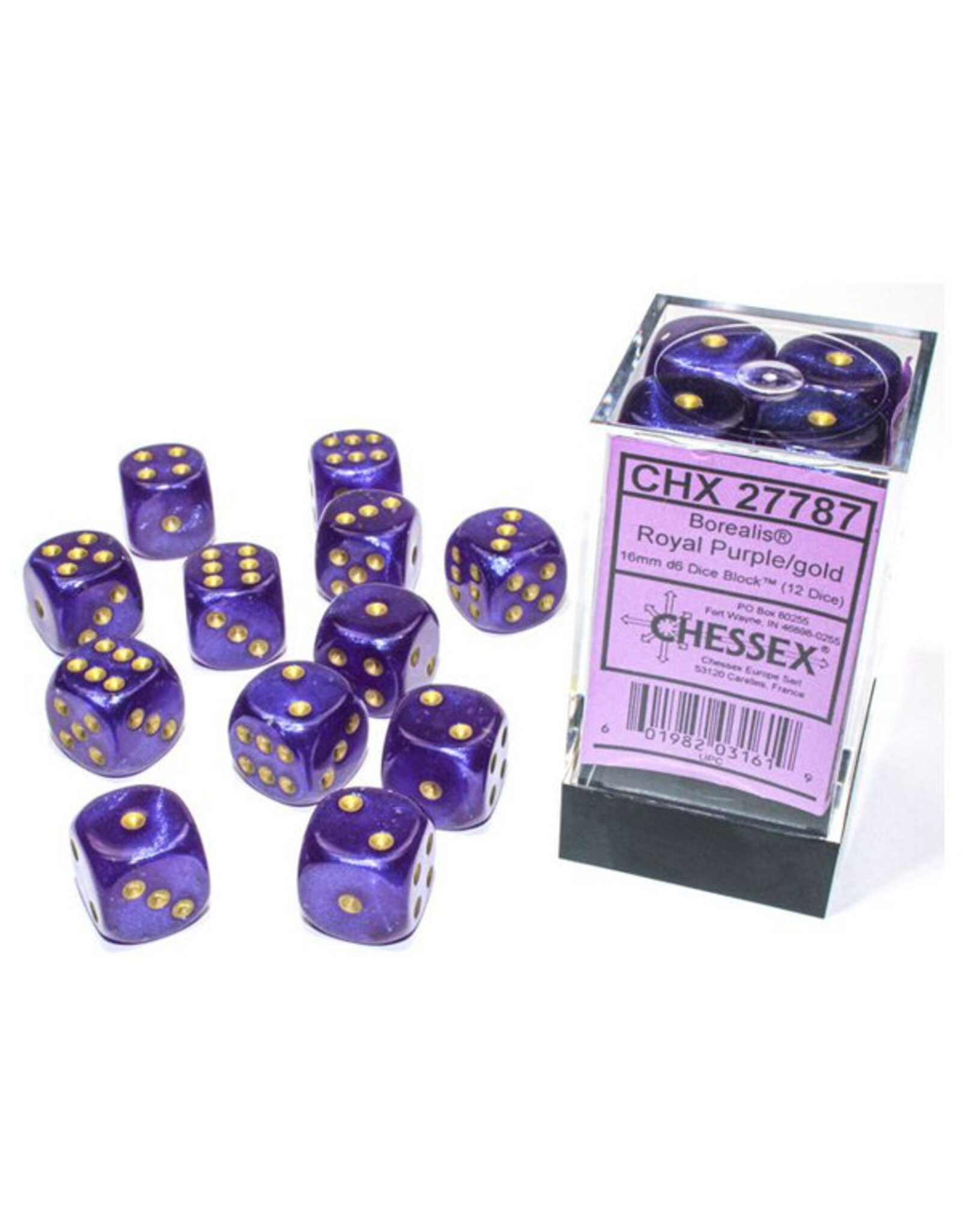 Chessex d6 Cube 16mm Borealis Luminary Royal Purple with Gold (12)