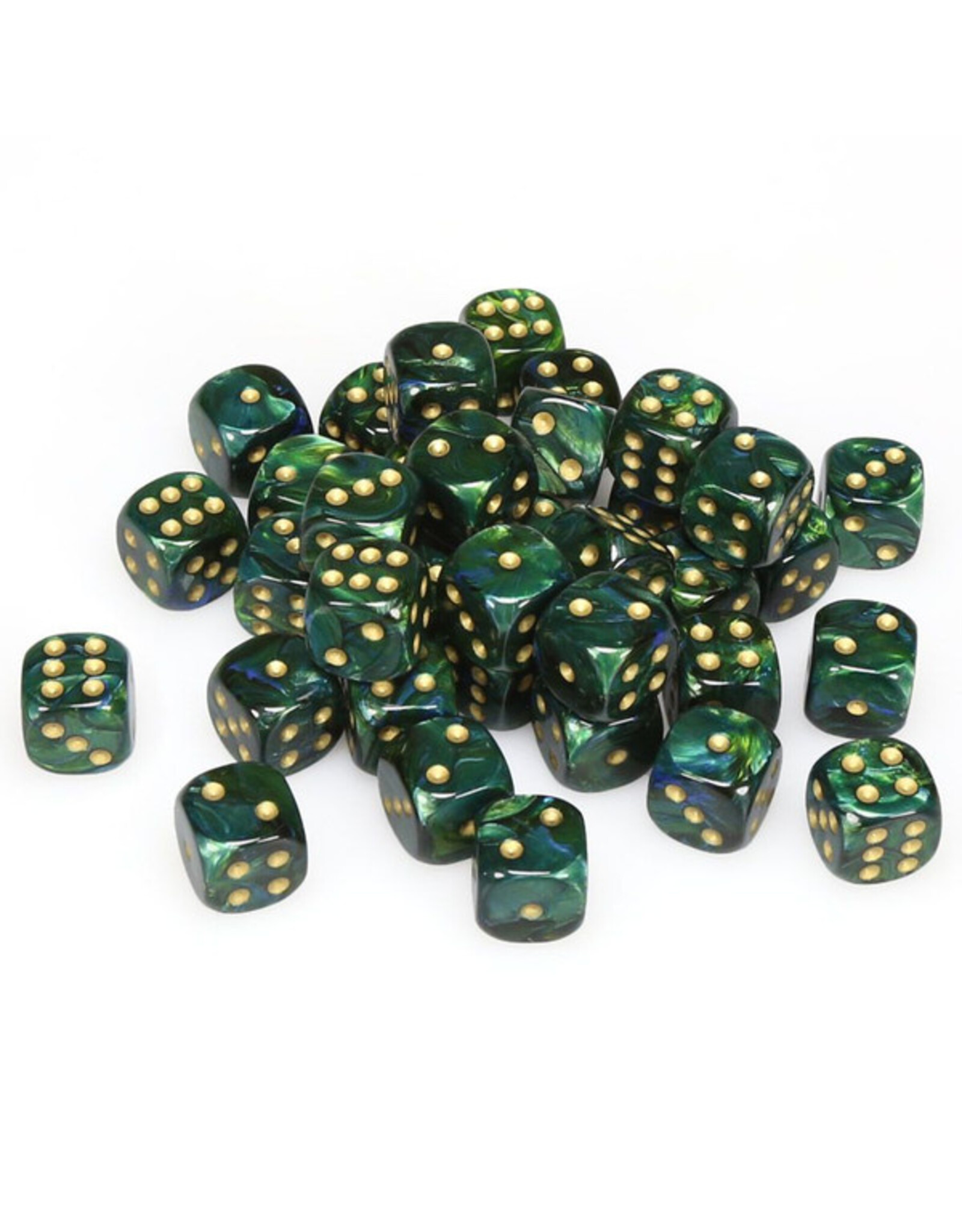 Chessex d6 Cube 12mm Scarab Jade with Gold (36)